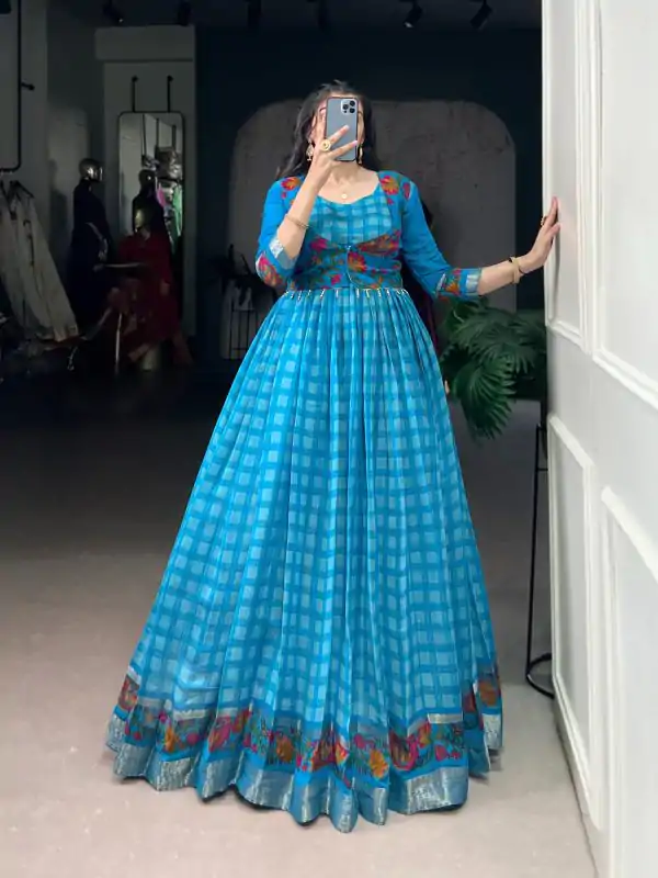 Sky Blue Polyester Viscose Chanderi Gown