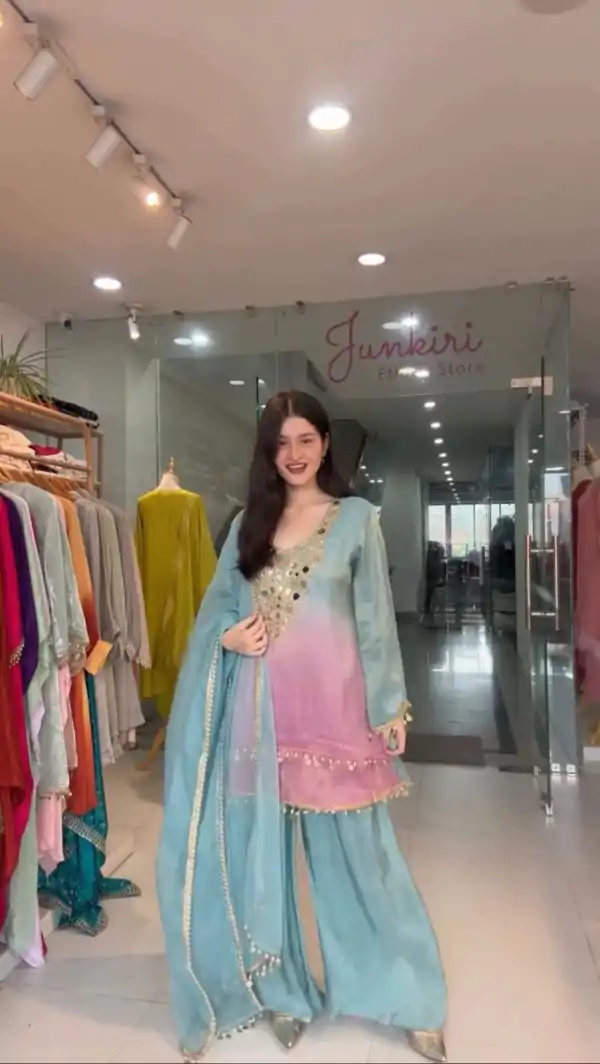 Sky Blue Printed Crape Silk Mirror Work Salwar Suit