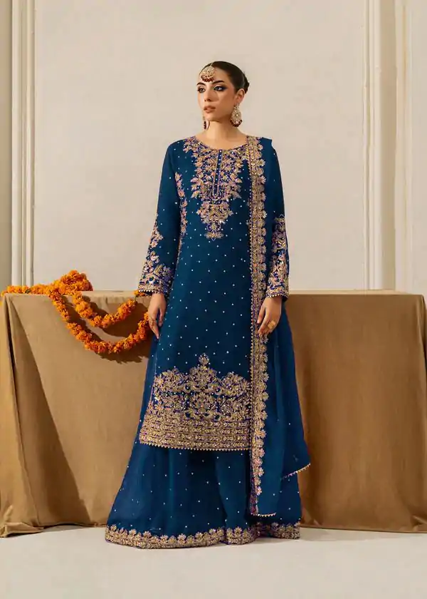 Teal Faux Georgette Lace Work Salwar Suit