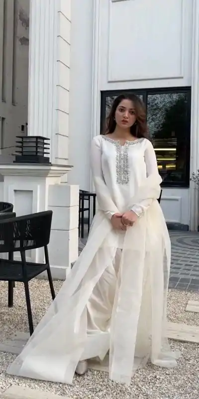 SRK 5252 White Faux Georgette Embroidery Work & Bead Work Salwar Suit . Wedding, Party, Festive, Events, Now at just ₹1499 | Jump Suits, Casual Suits, Creative suits, Designer Suits, Palazzo Suits, Party Wear Suits, Patiala Suits, Salwar suit, Straight Suits