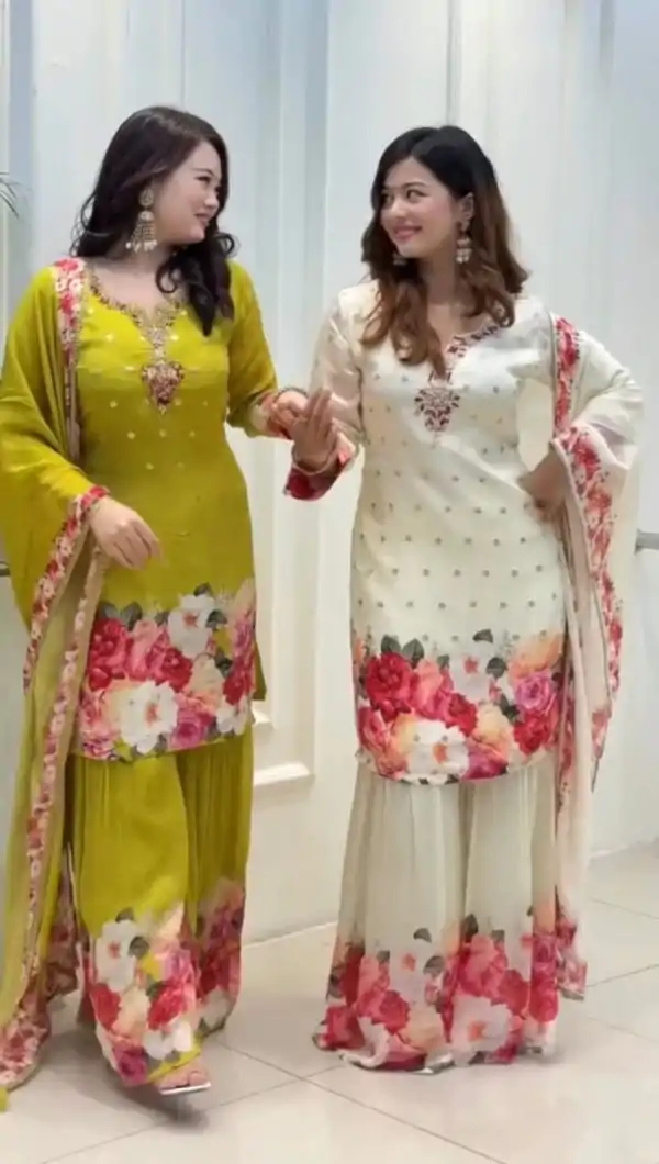 SRK 5301 White Heavy Faux Georgette With 5mm Embroidery Sequence Work With Digital print Full Sleeve Salwar Suit Wedding, Party, 4-6 Working Days At 1999 | Jump Suits, Casual Suits, Creative suits, Designer Suits, Palazzo Suits, Party Wear Suits, Patiala Suits, Salwar suit, Straight Suits