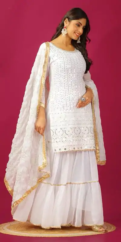 SR 1671 White Georgette Salwar Suit Perfect for Wedding, Party, Cultural Events, Temple Visit, Lohri Now at just ₹1799. Delivery 4-6 Working Days. | Jump Suits, Tops & Bottoms, Track Suits, Trendy Wear, Casual Suits, Creative suits, Designer Suits, Palazzo Suits, Party Wear Suits, Patiala Suits, Salwar suit, Straight Suits