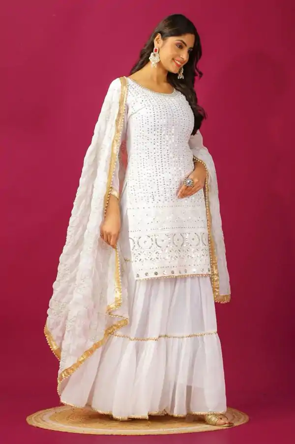 SR 1671 White Georgette Salwar Suit Perfect for Wedding, Party, Cultural Events, Temple Visit, Lohri Now at just ₹1799. Delivery 4-6 Working Days. | Jump Suits, Tops & Bottoms, Track Suits, Trendy Wear, Casual Suits, Creative suits, Designer Suits, Palazzo Suits, Party Wear Suits, Patiala Suits, Salwar suit, Straight Suits