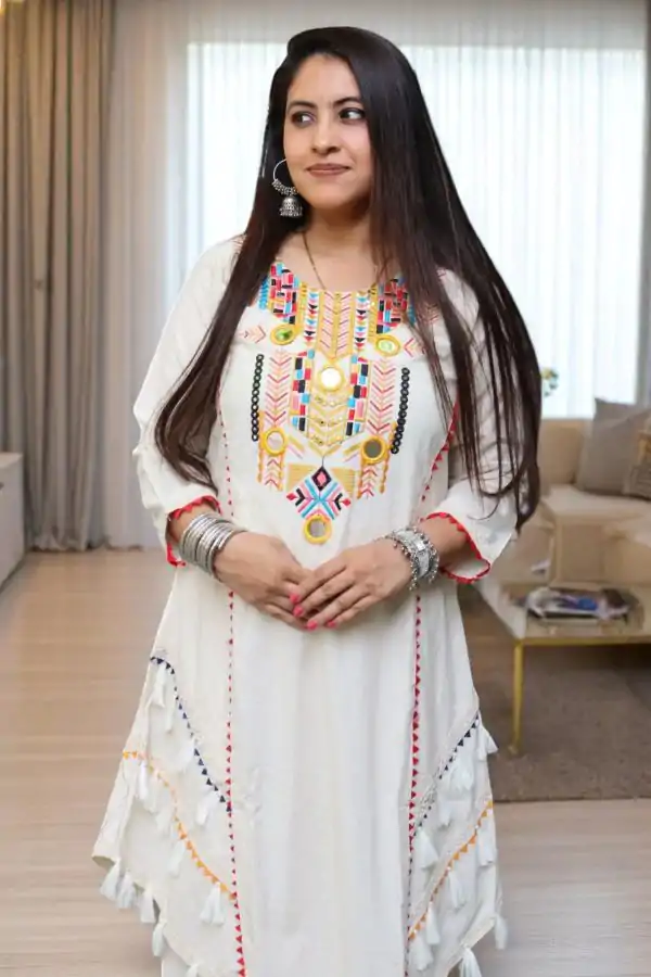 White Khadi Cotton With Mirror Work Salwar Suit