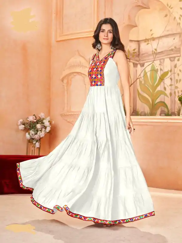 INLI Ghumati White Heavy Rayon with Lace Work & Gamthi Work Gown . Get it for ₹1749. Delivery 4-6 Working Days. Shop now. | Bollywood Gowns, Creative Gowns, Designer Gowns, Embroidered Gowns, Gowns, Party Wear Gowns