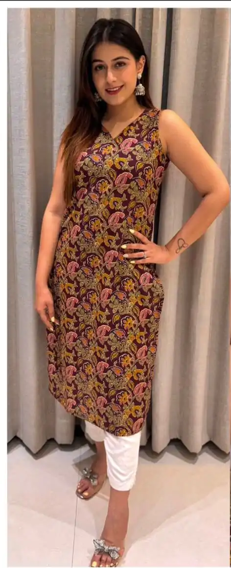 Wine Cotton Printed Kurti