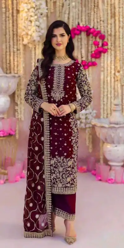 SRK 5238 Wine Faux Georgette With 5mm Embroidery Sequence Work with Beads Work Wedding, Party, Festive, Events, 4-6 Working Days At 2399 | Jump Suits, Casual Suits, Creative suits, Designer Suits, Palazzo Suits, Party Wear Suits, Patiala Suits, Salwar suit, Straight Suits