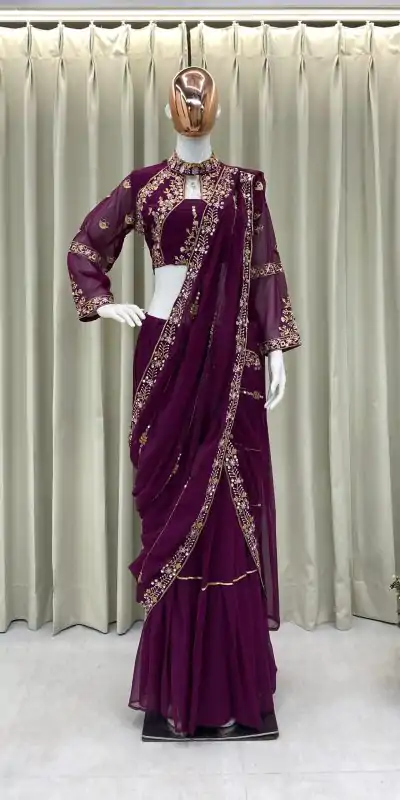 BE 280 Wine Georgette Lehenga Saree Perfect for Wedding, Party, Cultural Events, Housewarming, Ganesh Chaturthi . Affordable Price ₹2399. Delivery 4- | Bollywood Lehenga, Creative Lehenga, Designer Lehenga, Embroidered Lehenga, Lehenga, Party Wear Lehenga