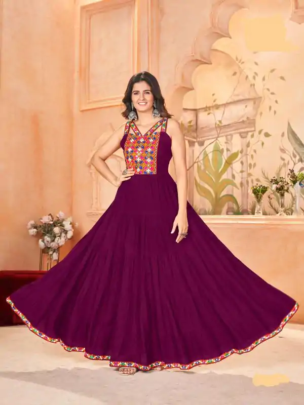 INLI Ghumati Wine Color Heavy Rayon with Lace Work & Gamthi Work Gown . Get it for ₹1749. Delivery 4-6 Working Days. Shop now. | Bollywood Gowns, Creative Gowns, Designer Gowns, Embroidered Gowns, Gowns, Party Wear Gowns