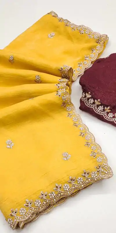 BT 1267 Yellow in Crunchy Chiffon Embroidery Work Saree . Wedding, Party, Festive, Events, Exclusive Offer ₹1749. Delivery 4-6 Working Days. Shop now. | Bollywood Sarees, Creative Sarees, Designer Sarees, Embroidered Sarees, Ethnic Saree, Modern Digital sarees, Party Wear Sarees, Sarees
