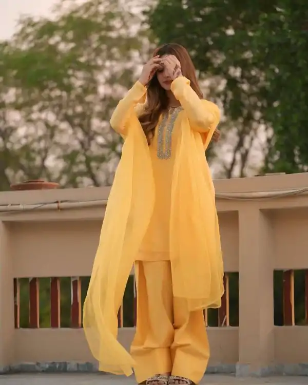 SRK 5252 Yellow Faux Georgette Embroidery Work & Bead Work Salwar Suit . Wedding, Party, Festive, Events, Now at just ₹1499 | Jump Suits, Casual Suits, Creative suits, Designer Suits, Palazzo Suits, Party Wear Suits, Patiala Suits, Salwar suit, Straight Suits
