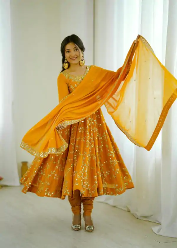 Yellow Faux Georgette With Embroidery Gown