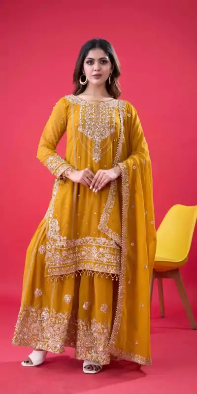 SR 1688 Yellow Faux Georgette with Lace Work & Embroidery Work. Salwar Suit Introductory Price ₹1949. Delivery 4-6 Working Days. Shop now. | Designer Suits, Jump Suits, Casual Suits, Creative suits, Palazzo Suits, Party Wear Suits, Patiala Suits, Salwar suit, Straight Suits