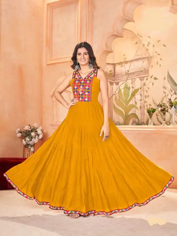 Yellow Rayon Lace Work Gamthi Work Gown