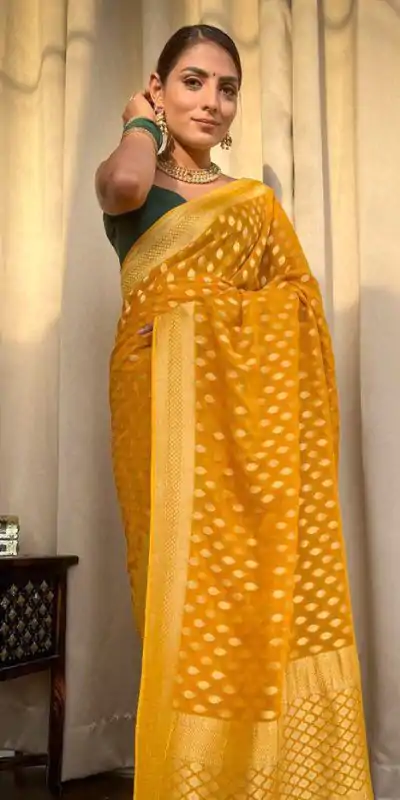 KP 5083 Yellow Soft Lichi Silk Perfect for Wedding, Party, Family Gatherings, Sangeet, Diwali Cloth. Saree. Get it for ₹1399. Delivery 4-6 Working Days. | Bollywood Sarees, Creative Sarees, Designer Sarees, Embroidered Sarees, Ethnic Saree, Modern Digital sarees, Party Wear Sarees, Sarees