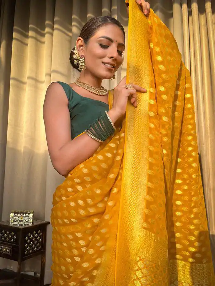 KP 5083 Yellow Soft Lichi Silk Perfect for Wedding, Party, Family Gatherings, Sangeet, Diwali Cloth. Saree. Get it for ₹1399. Delivery 4-6 Working Days. | Bollywood Sarees, Creative Sarees, Designer Sarees, Embroidered Sarees, Ethnic Saree, Modern Digital sarees, Party Wear Sarees, Sarees