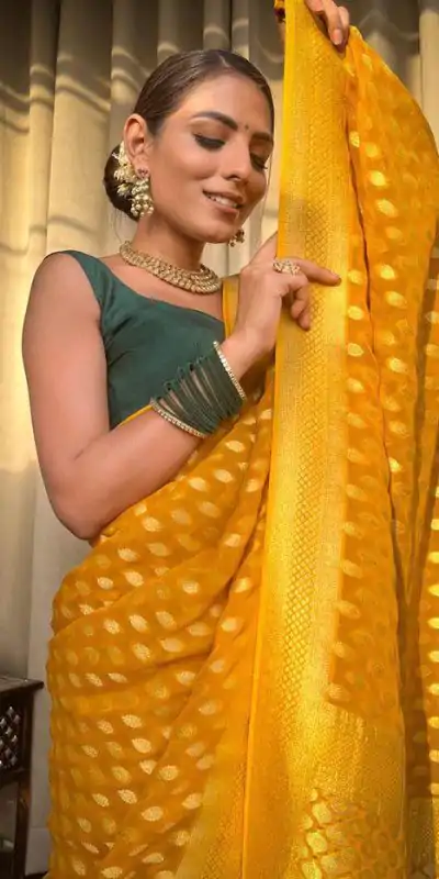 KP 5083 Yellow Soft Lichi Silk Perfect for Wedding, Party, Family Gatherings, Sangeet, Diwali Cloth. Saree. Get it for ₹1399. Delivery 4-6 Working Days. | Bollywood Sarees, Creative Sarees, Designer Sarees, Embroidered Sarees, Ethnic Saree, Modern Digital sarees, Party Wear Sarees, Sarees