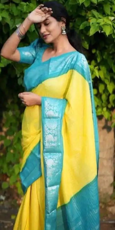 KP 3025 Yellow Soft Lichi Silk Saree Perfect for Wedding, Party, Baby Shower, Onam, Durga Puja . Available at ₹1449 only. Delivery 4-6 Working Days. | Bollywood Sarees, Creative Sarees, Designer Sarees, Embroidered Sarees, Ethnic Saree, Modern Digital sarees, Party Wear Sarees, Sarees