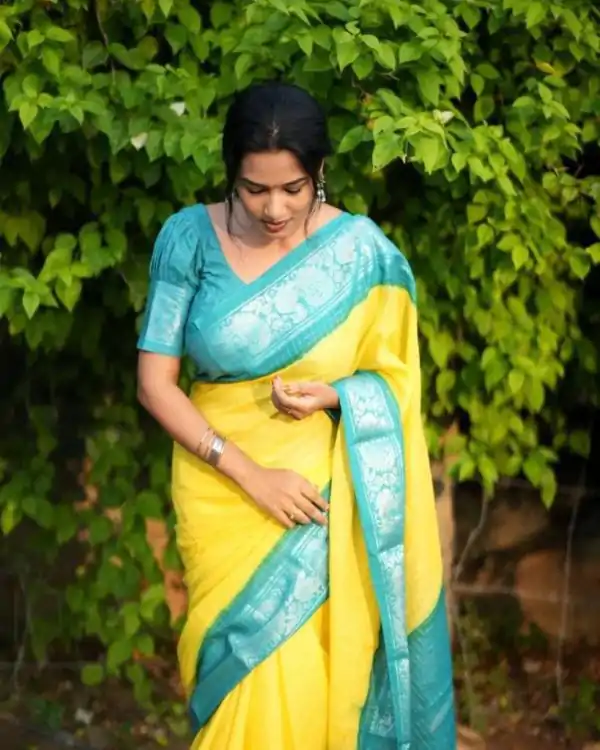 KP 3025 Yellow Soft Lichi Silk Saree Perfect for Wedding, Party, Baby Shower, Onam, Durga Puja . Available at ₹1449 only. Delivery 4-6 Working Days. | Bollywood Sarees, Creative Sarees, Designer Sarees, Embroidered Sarees, Ethnic Saree, Modern Digital sarees, Party Wear Sarees, Sarees