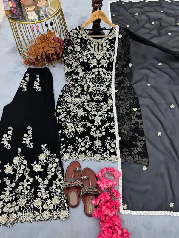 Black Faux Georgette Embroidery Lace Work Salwar Suit