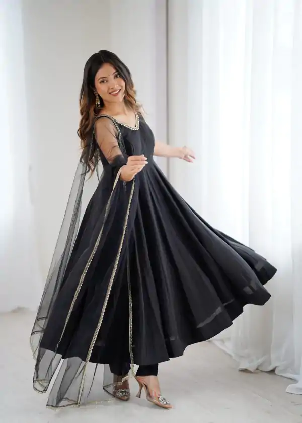 Black Roman Silk Chanderi Mirror Work Gown