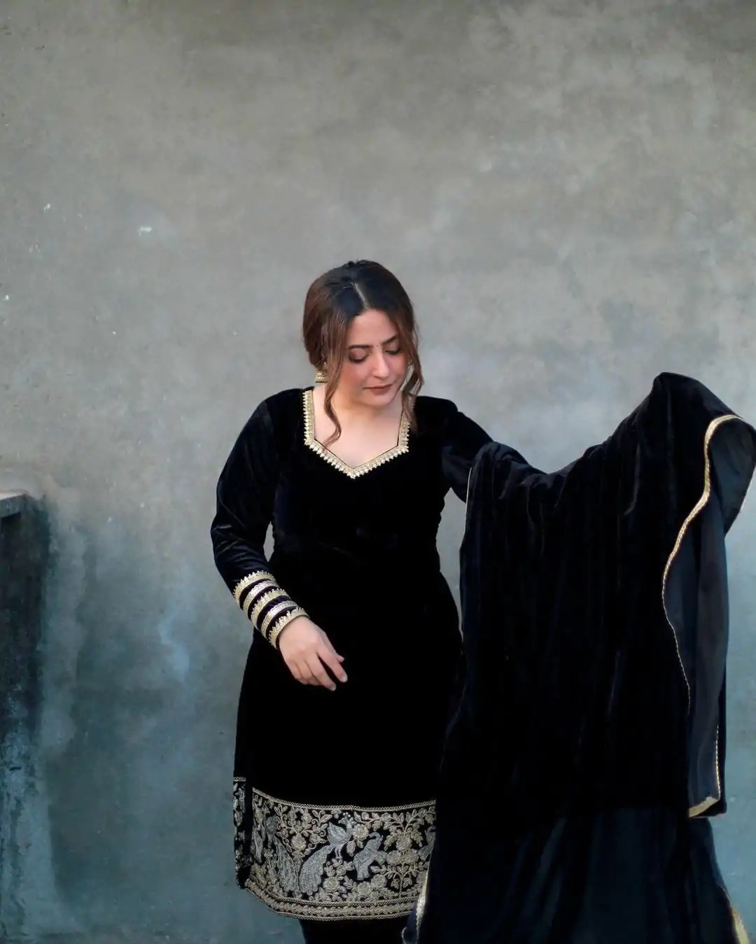 Black Viscose Velvet with Embroidery Salwar Suit - Image 4