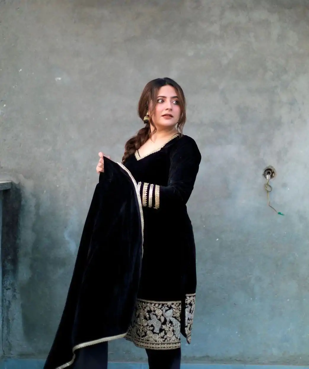 Black Viscose Velvet with Embroidery Salwar Suit - Image 2