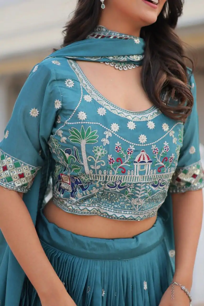 Blue Pure Chinon Embroidery Work Lehenga Choli - Image 11