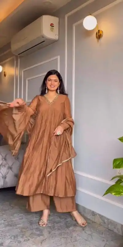 AD 152 Brown Color Pure Chinon Silk Embroidery Gown Fancy Full Sleeve Wedding, Party, Festive, Events Etc. Expected Delivery  4-6 Working Days @1799/ | Designer Suits, Jump Suits, Casual Suits, Creative suits, Palazzo Suits, Party Wear Suits, Patiala Suits, Salwar suit, Straight Suits
