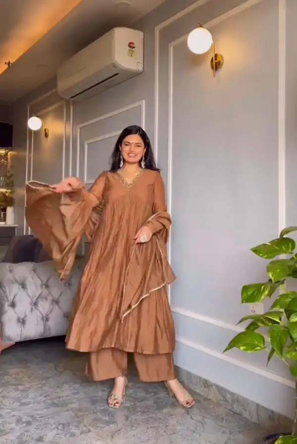 AD 152 Brown Color Pure Chinon Silk Embroidery Gown Fancy Full Sleeve Wedding, Party, Festive, Events Etc. Expected Delivery  4-6 Working Days @1799/ | Designer Suits, Jump Suits, Casual Suits, Creative suits, Palazzo Suits, Party Wear Suits, Patiala Suits, Salwar suit, Straight Suits