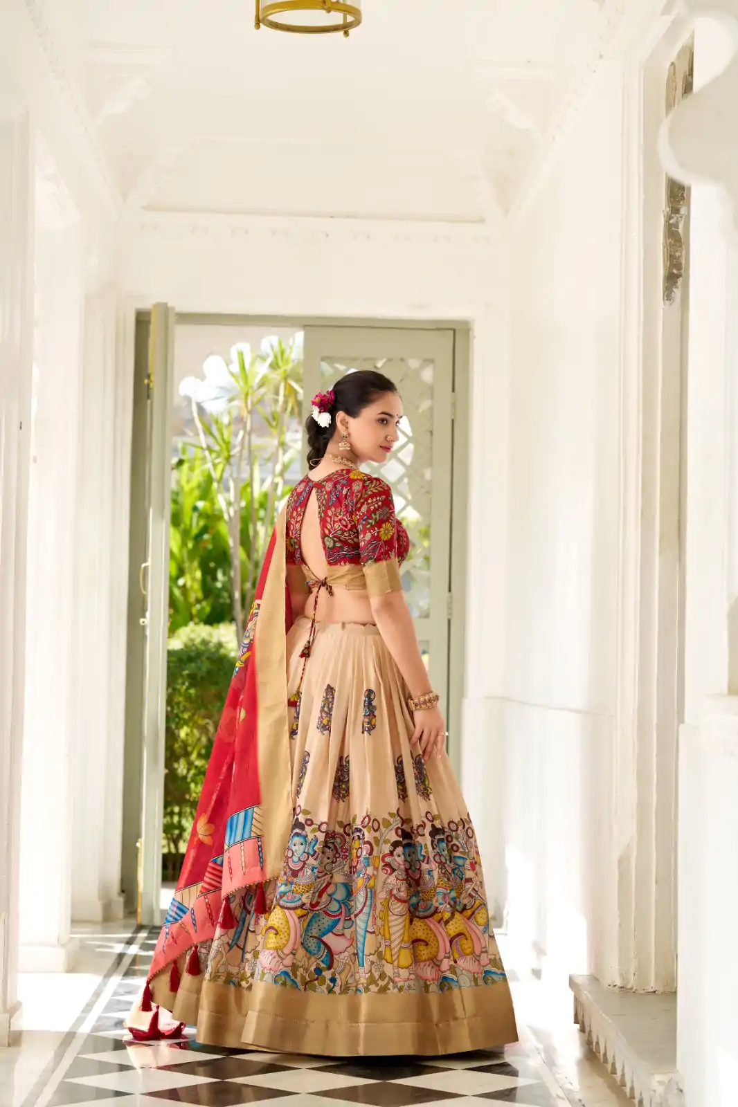 Cream Dola Silk Lace Work Kalamkari Print Lehenga Choli - Image 2