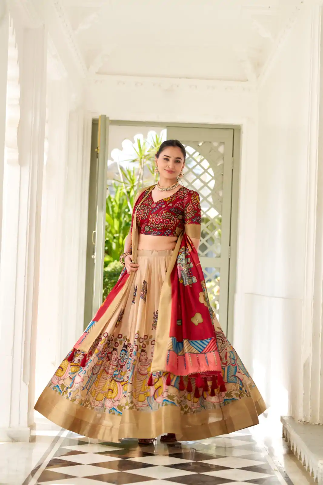 Cream Dola Silk Lace Work Kalamkari Print Lehenga Choli
