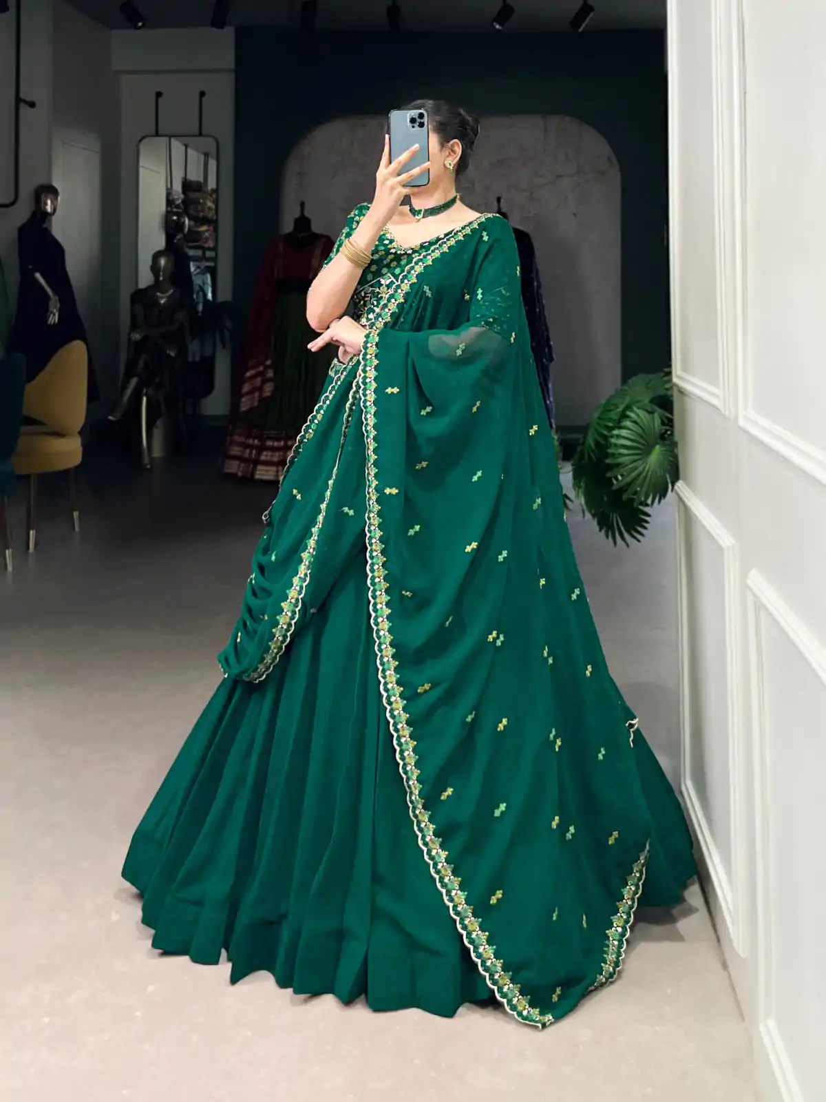 Dark Green Georgette Embroidery Work Lehenga Choli - Image 4