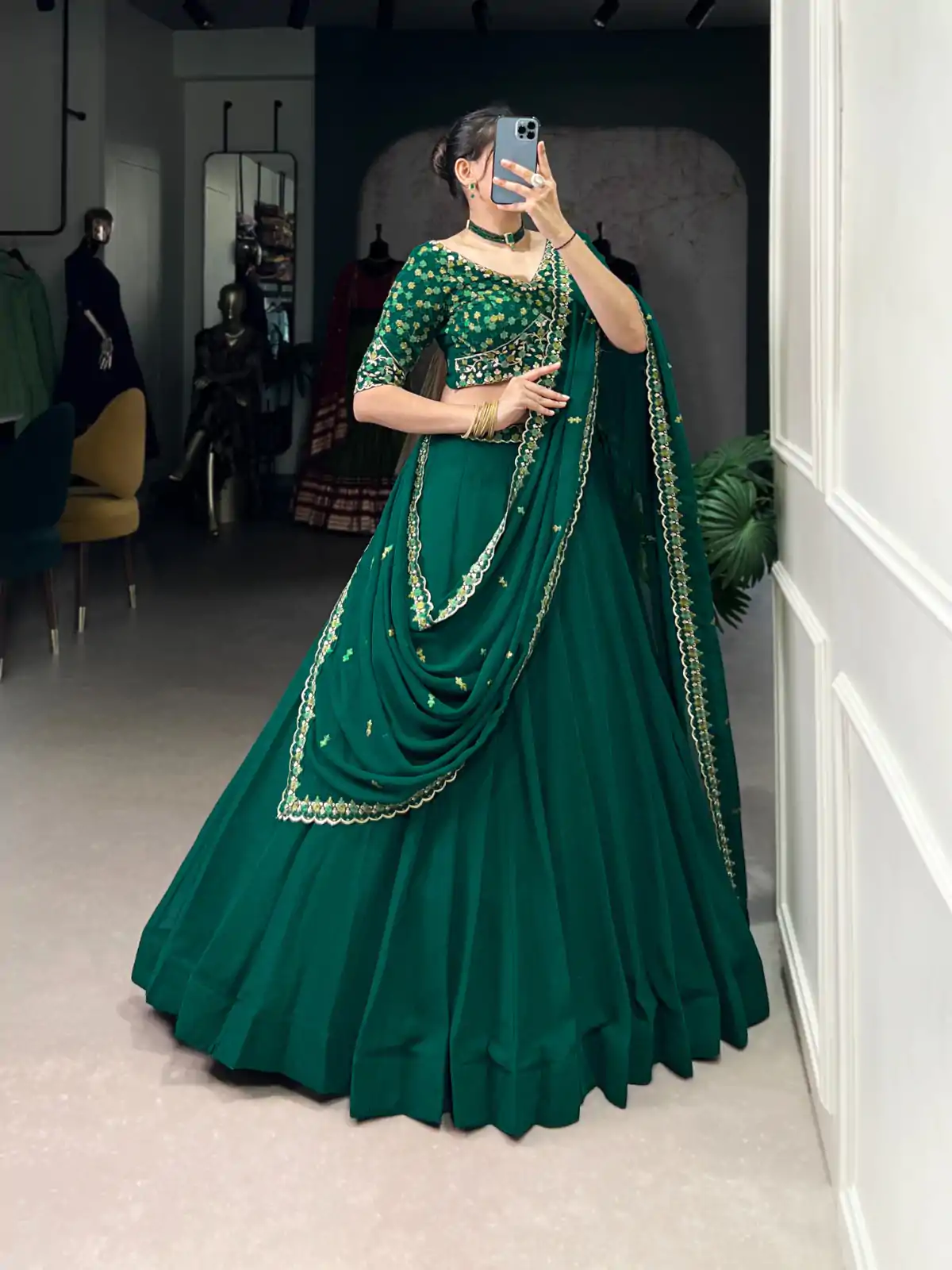 Dark Green Georgette Embroidery Work Lehenga Choli - Image 3