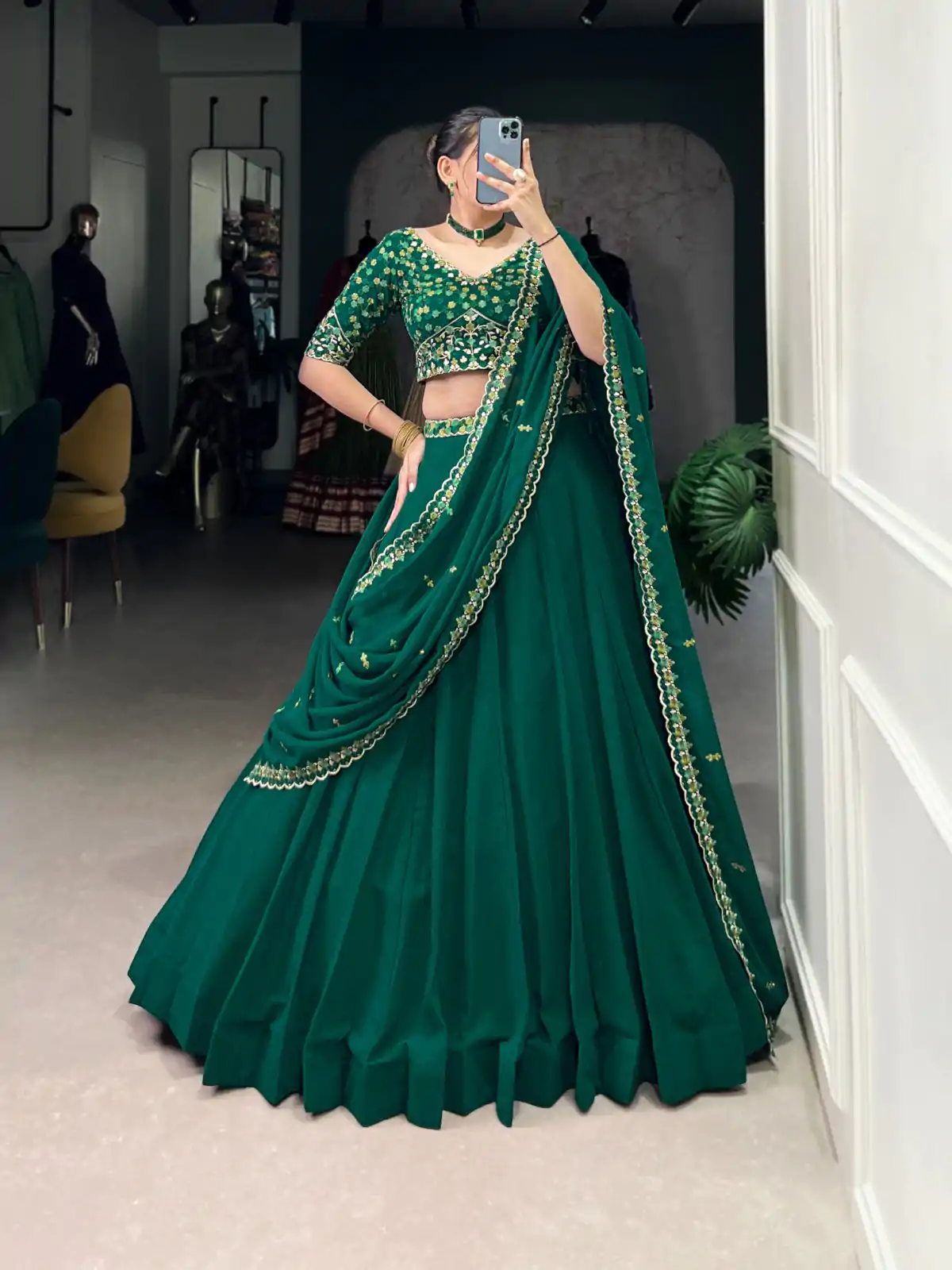 Dark Green Georgette Embroidery Work Lehenga Choli - Image 2