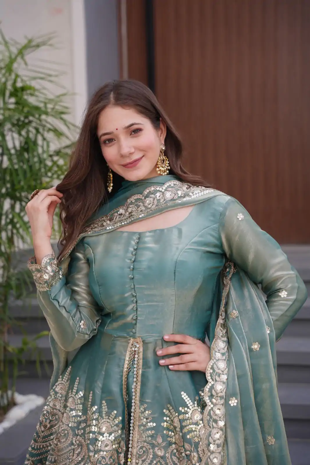 Firozi Fendy Satin Silk Embroidery Mirror Work Gown - Image 7