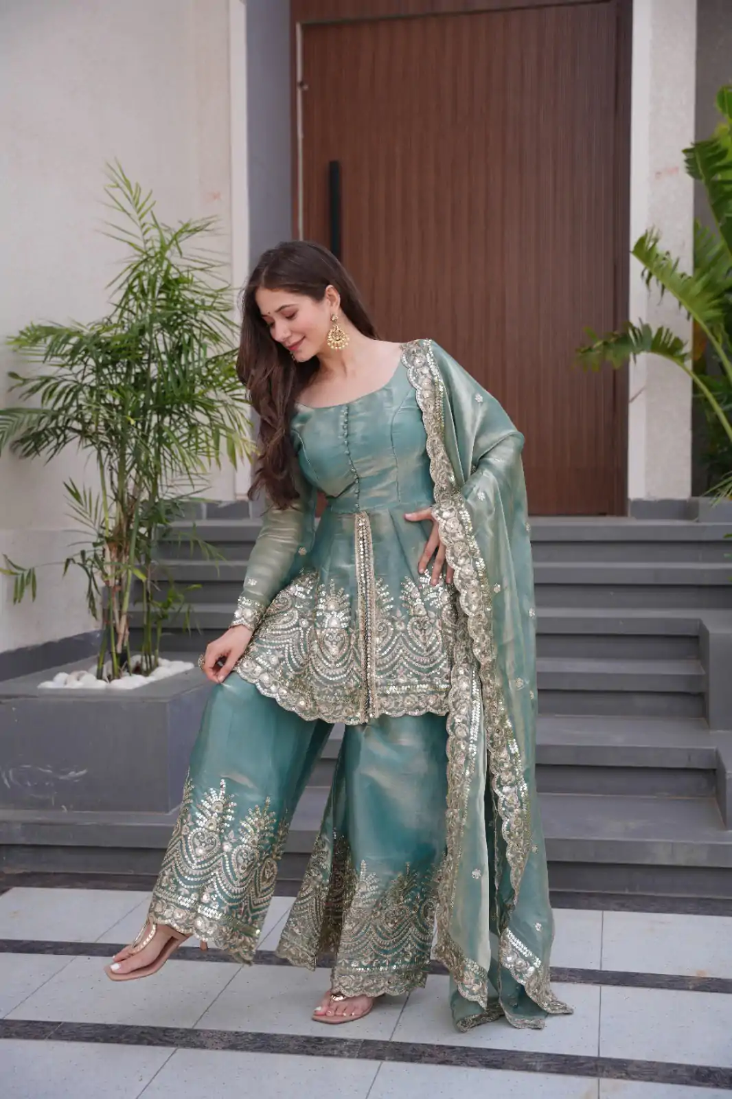 Firozi Fendy Satin Silk Embroidery Mirror Work Gown - Image 5
