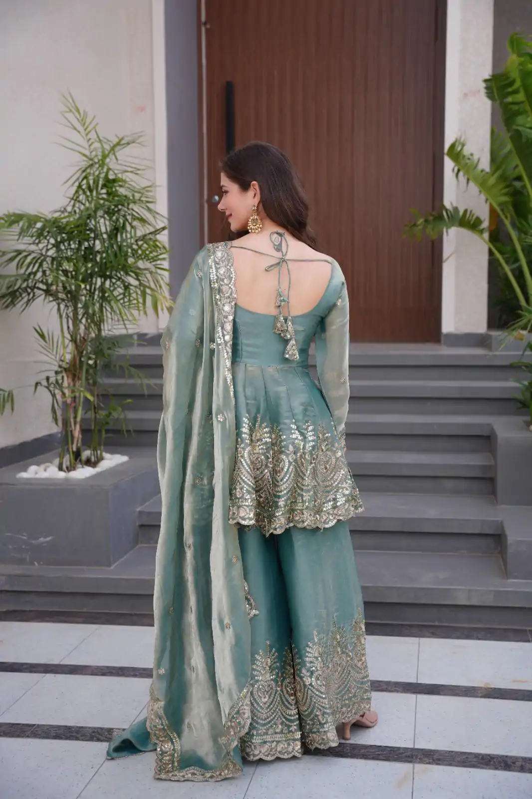 Firozi Fendy Satin Silk Embroidery Mirror Work Gown - Image 4
