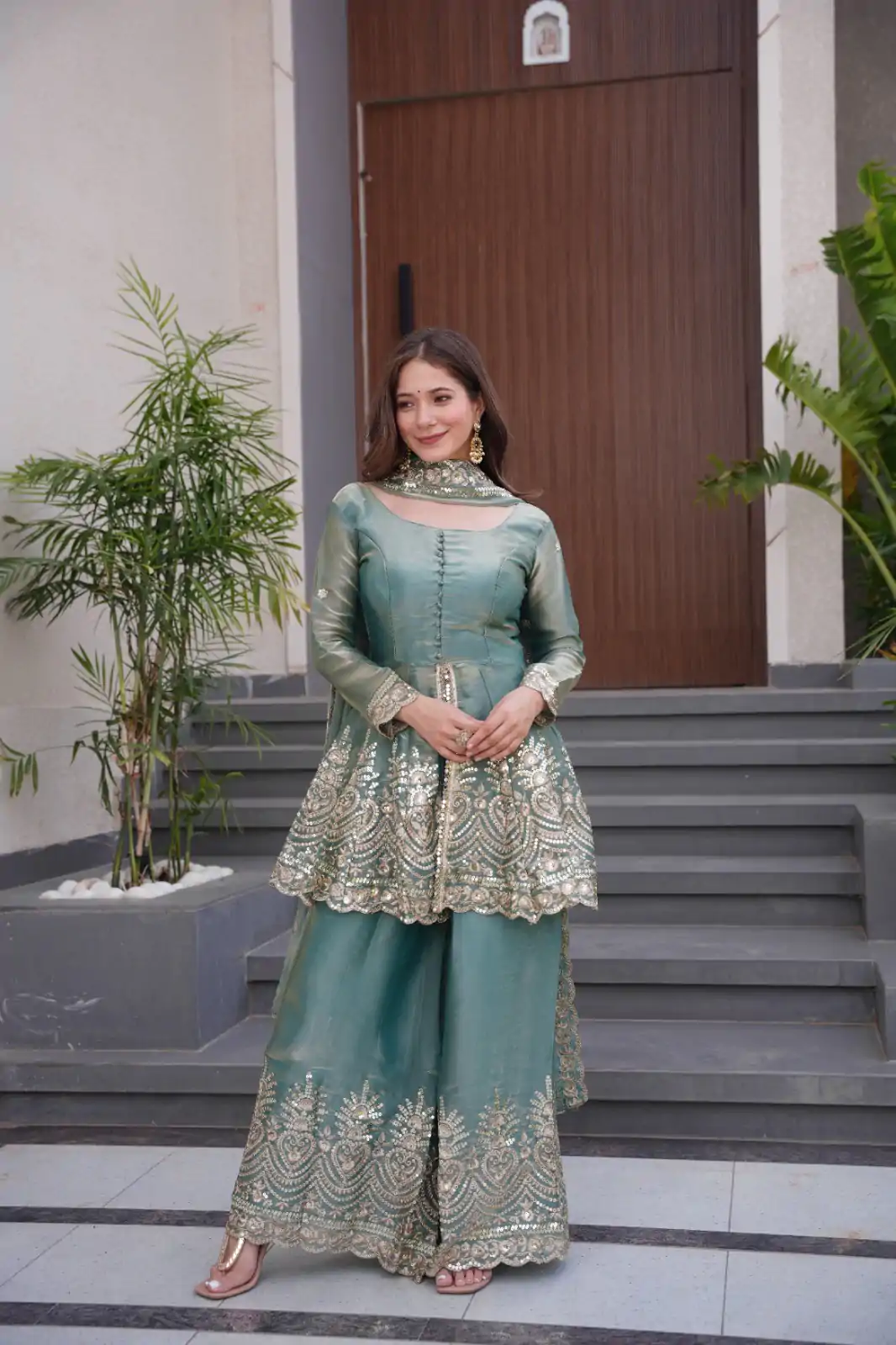 Firozi Fendy Satin Silk Embroidery Mirror Work Gown - Image 3