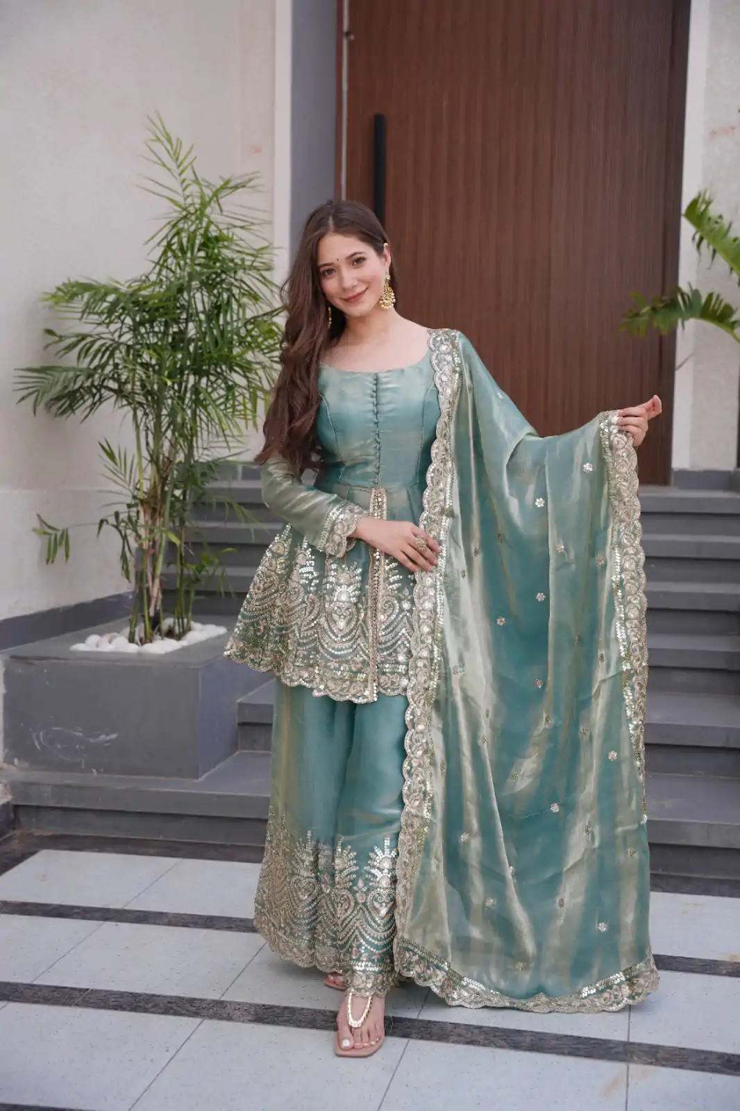 Firozi Fendy Satin Silk Embroidery Mirror Work Gown - Image 2