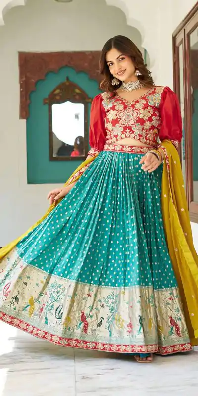 Ram 104 Firozi mono silk Lehenga Choli Perfect for Wedding, Party, Anniversary, Onam, Ethnic Day – . Festive Deal ₹3149. Delivery 4-6 Working Days. | Bollywood Lehenga, Creative Lehenga, Designer Lehenga, Embroidered Lehenga, Lehenga, Party Wear Lehenga