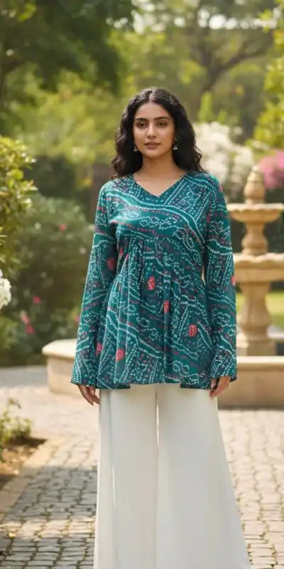 INLI Bandhej Firozi Color Pure Georgette Kurti with Designer Work. Best Price ₹1349. Delivery 4-6 Working Days. Shop now. | Bollywood Kurti, Creative Kurtis, Designer Kurti, Kurti, Party Wear Kurti, Selfie Kurti