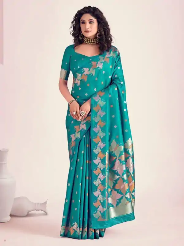 Firozi Soft Lichi Silk Border Lace Work Saree