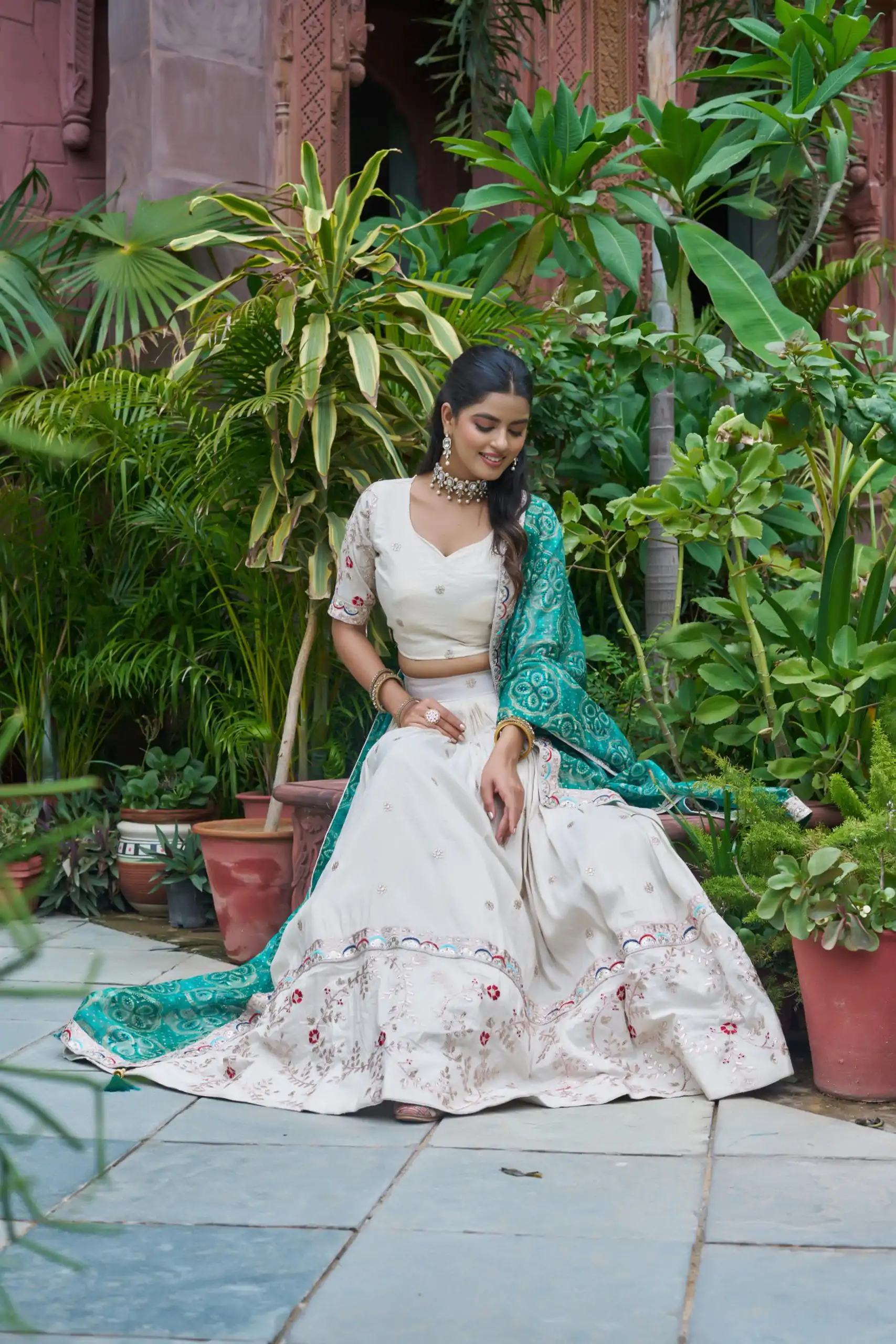 Firozi Tissue Silk Embroidery Work Lehenga Choli - Image 3