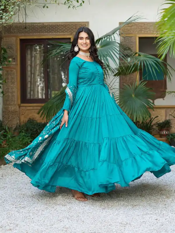 Firozi Vichitra Silk Embroidery Work Gown