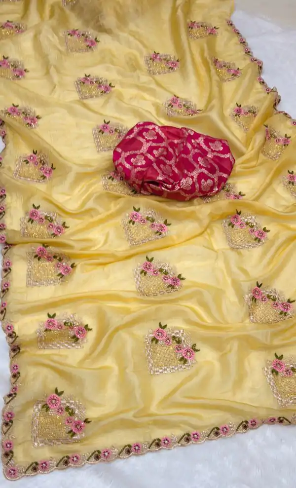Gold Paper Silk Crush With Embroider Saree