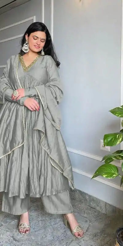 AD 152 Grey Color Pure Chinon Silk Embroidery Gown Fancy Full Sleeve Wedding, Party, Festive, Events Etc. Expected Delivery  4-6 Working Days @1799/ | Designer Suits, Jump Suits, Casual Suits, Creative suits, Palazzo Suits, Party Wear Suits, Patiala Suits, Salwar suit, Straight Suits