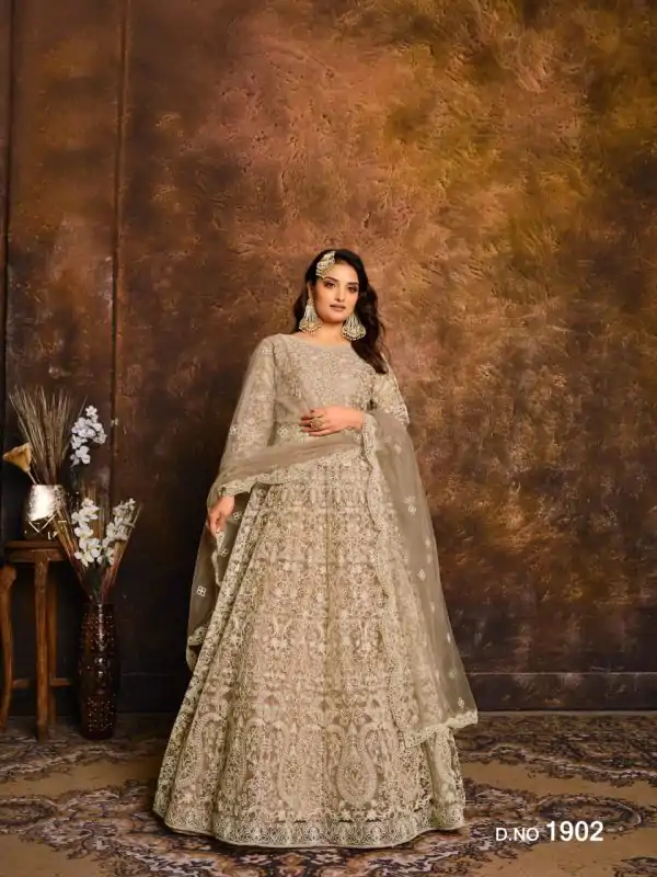 Grey Net Embroidery Work Salwar Suit