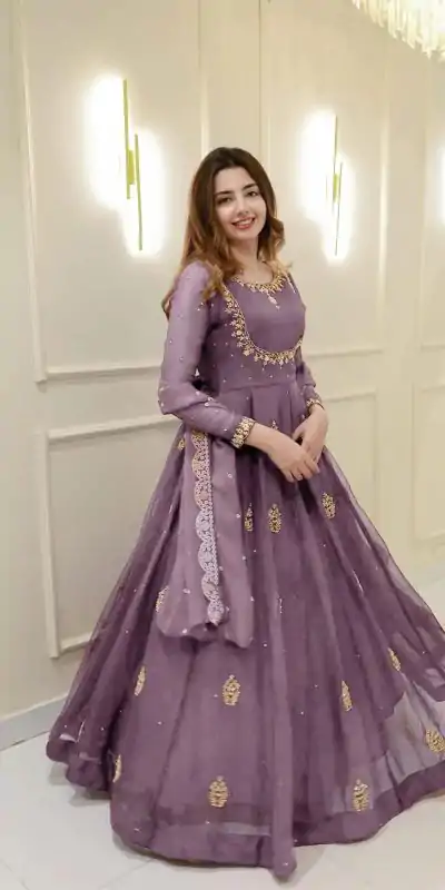 LG 2006 Lavender Georgette Gown Perfect for Wedding, Party, Engagement, Diwali, Sangeet . Exclusive Offer ₹1999. Delivery 4-6 Working Days. Shop now. | Bollywood Gowns, Creative Gowns, Designer Gowns, Embroidered Gowns, Gowns, Party Wear Gowns