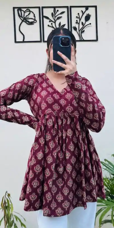 Maroon Cotton With Printed Kurti